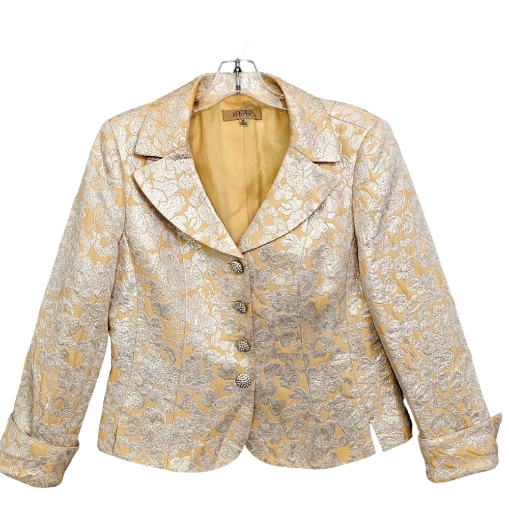 Vintage Kasper Gold/Creme Metalic Floral Jacquard Rhinestone Buttons Suit Set - Picture 3 of 17